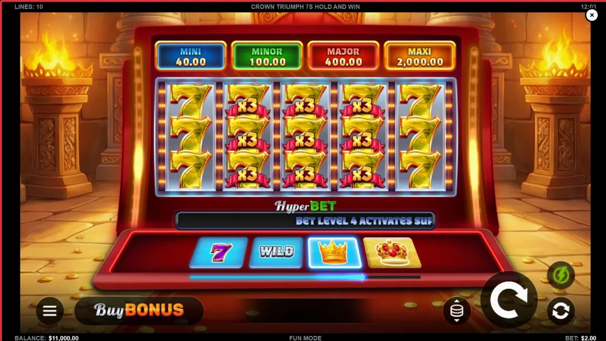 Interface do jogo de slot Crown Triumph 7s Hold and Win em um smartphone moderno