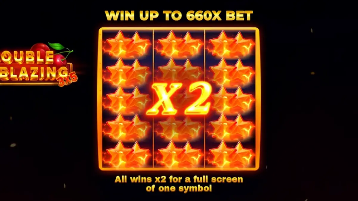 Interface do jogo de slot 3x5 Double Blazing com símbolos de frutas e chamas