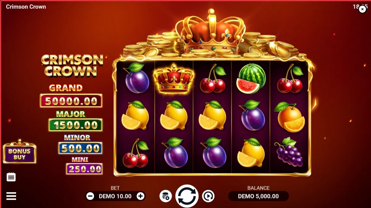 Interface do jogo de slot Crimson Crown com símbolos de frutas e coroas douradas
