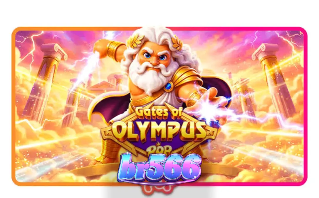 Interface do jogo Gates of Olympus POP com Zeus e símbolos de pedras preciosas